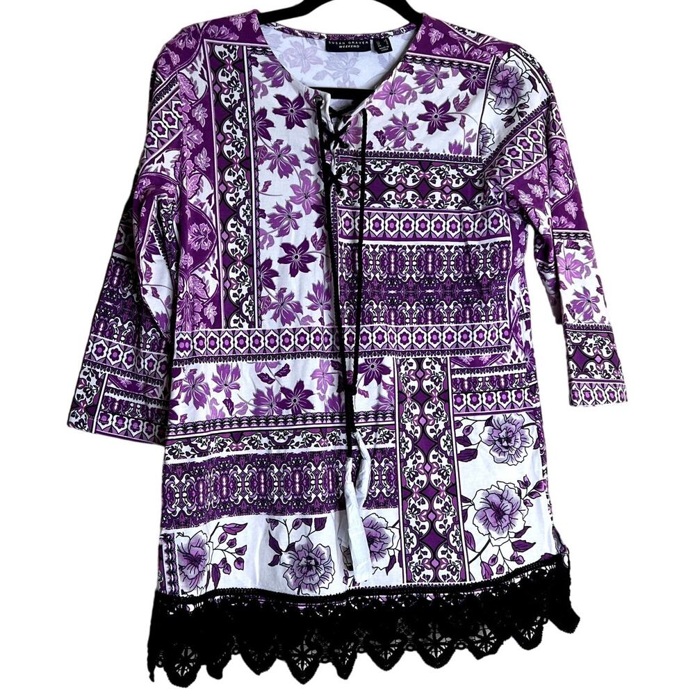 Susan Graver Weekend Blouse Tunic Top Women XS Stretch Purple Floral NEW Lace